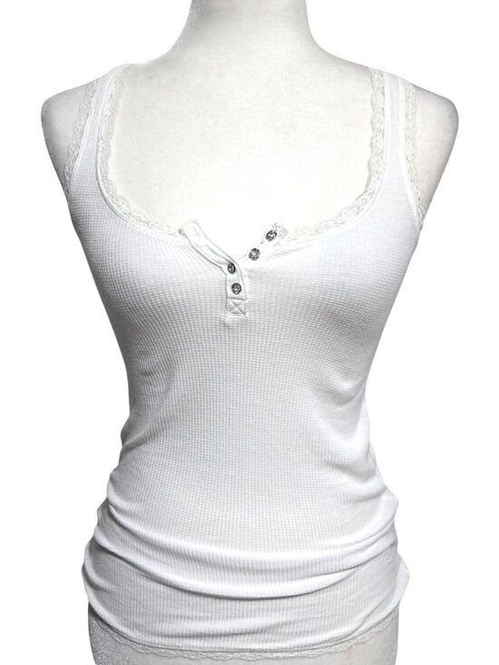 Aeropostale Tops - Aeropostale Henley Tank Top Lace Trim with Rhinestones Womens Size S White Waffl